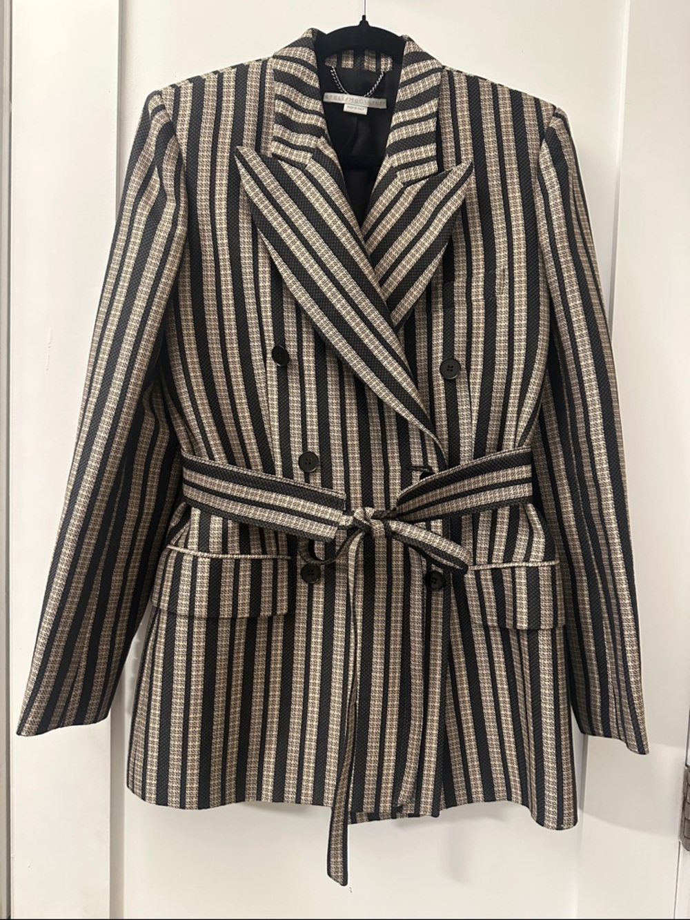 Stella McCartney Black & Cream Striped Double-Breasted Blazer with Tie Belt